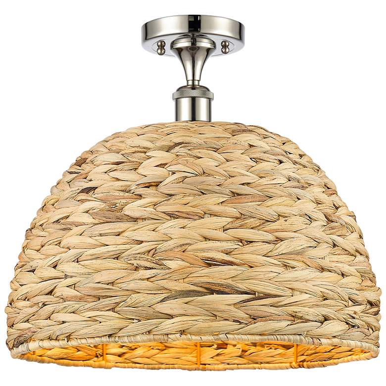 Image 1 Woven Rattan 15.75"W Polished Nickel Semi.Flush Mount With Natural Sha