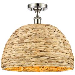 Woven Rattan 15.75&quot;W Polished Nickel Semi.Flush Mount With Natural Sha