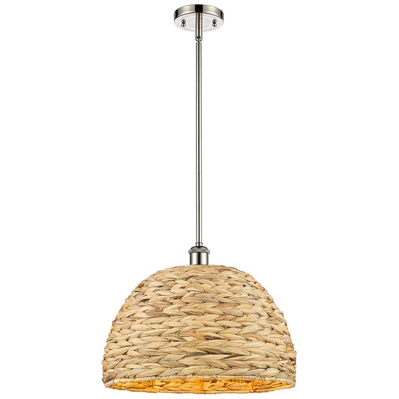 Image 1 Woven Rattan 15.75 inchW Polished Nickel Stem Hung Pendant With Natural Sh