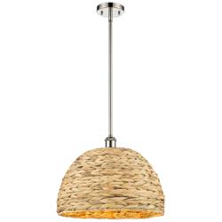 Woven Rattan 15.75"W Polished Nickel Stem Hung Pendant With Natural Sh