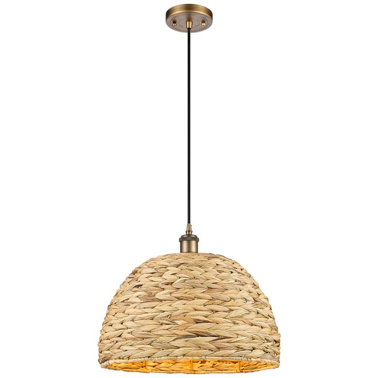 Image 1 Woven Rattan 15 3/4" Wide Brushed Brass Pendant Light