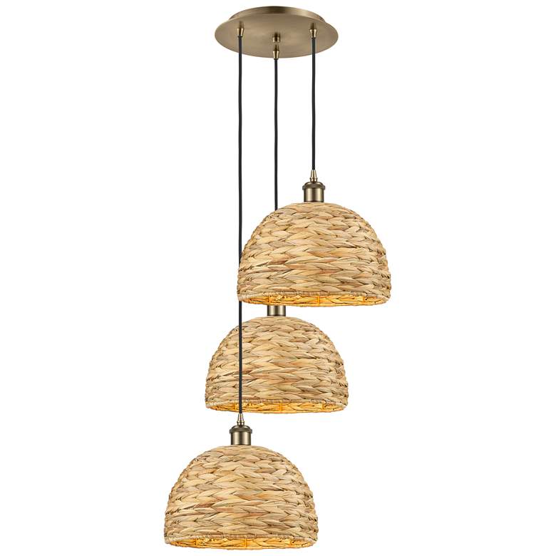 Image 1 Woven Rattan 18.5"W 3 Light Antique Brass Corded Multi Pendant w/ 10&q