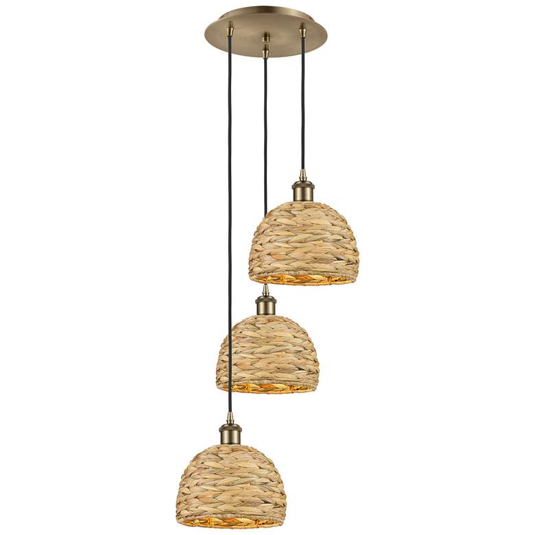 Image 1 Woven Rattan 18.5"W 3 Light Antique Brass Corded Multi Pendant