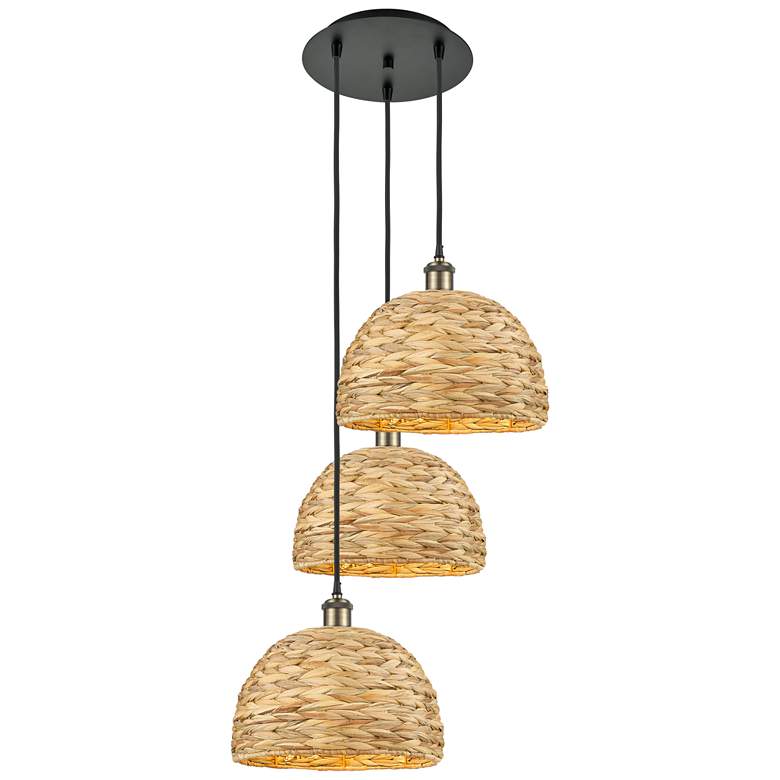 Image 1 Woven Rattan 18.5"W 3 Light Black Brass Corded Multi Pendant