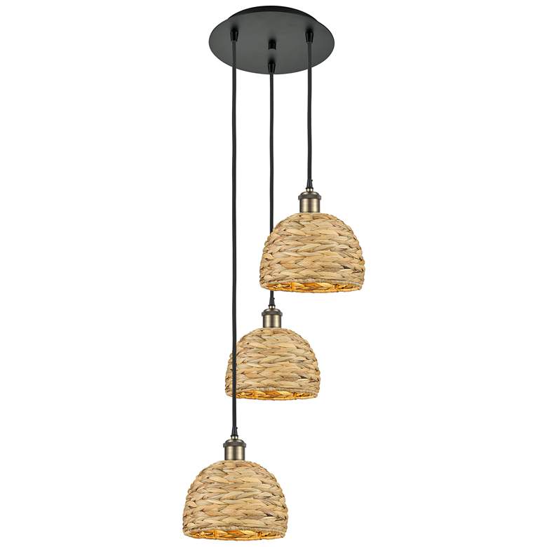 Image 1 Woven Rattan 18.5"W 3 Light Black Brass Corded Multi Pendant