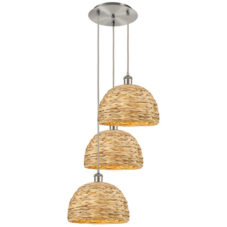 Image 1 Woven Rattan 18.5"W 3 Light Brushed Satin Nickel Corded Multi Pendant