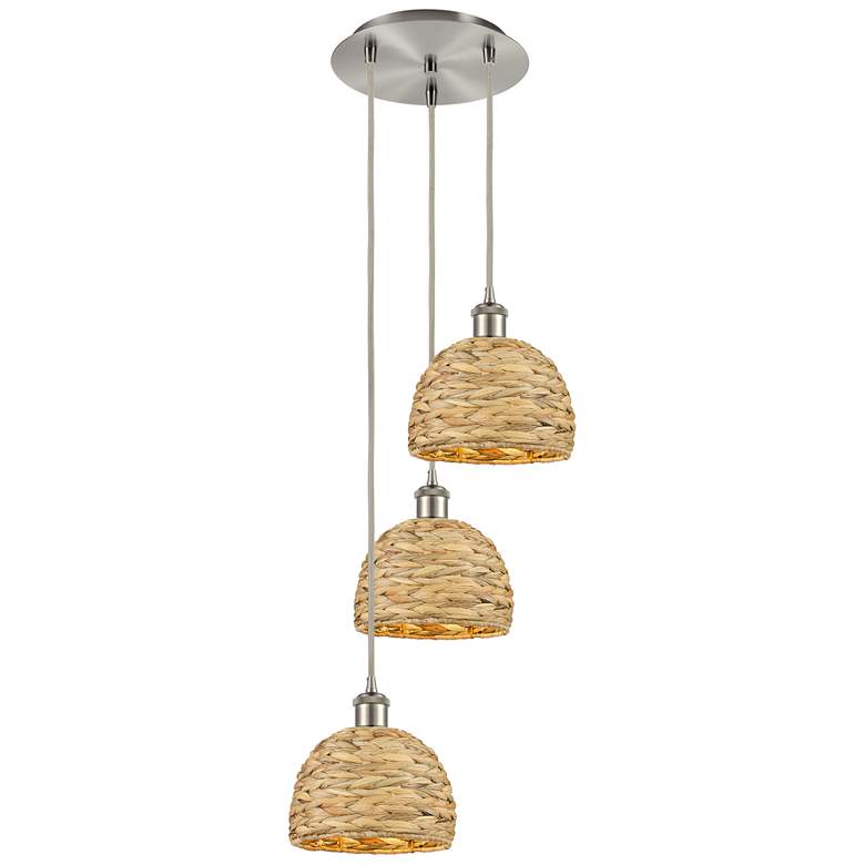 Image 1 Woven Rattan 18.5"W 3 Light Brushed Satin Nickel Corded Multi Pendant
