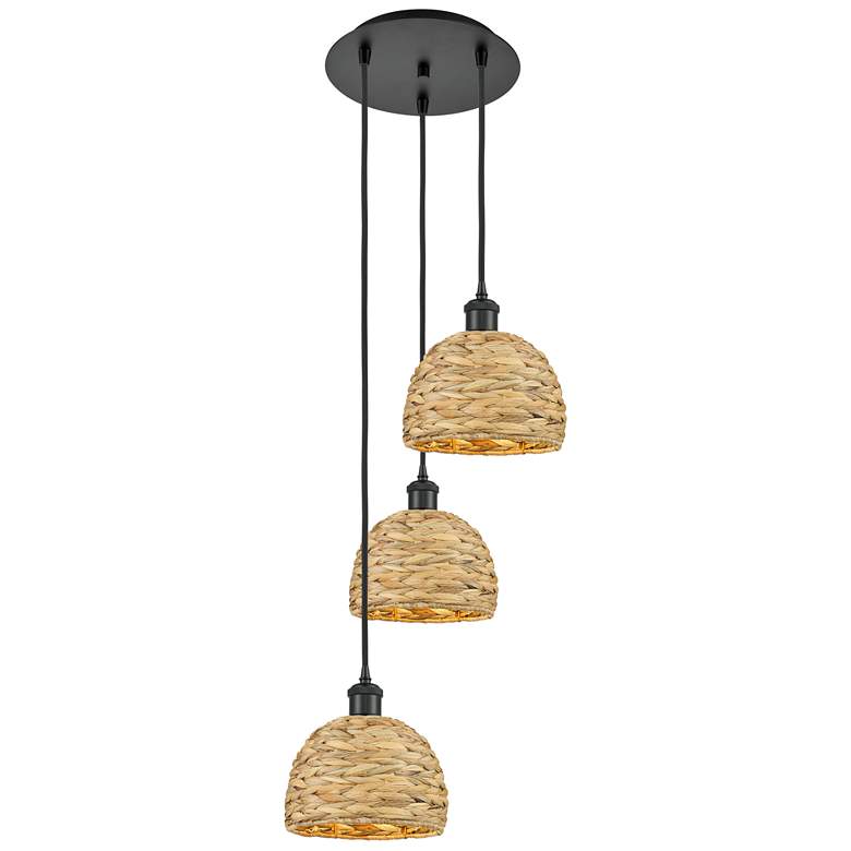 Image 1 Woven Rattan 18.5"W 3 Light Matte Black Corded Multi Pendant