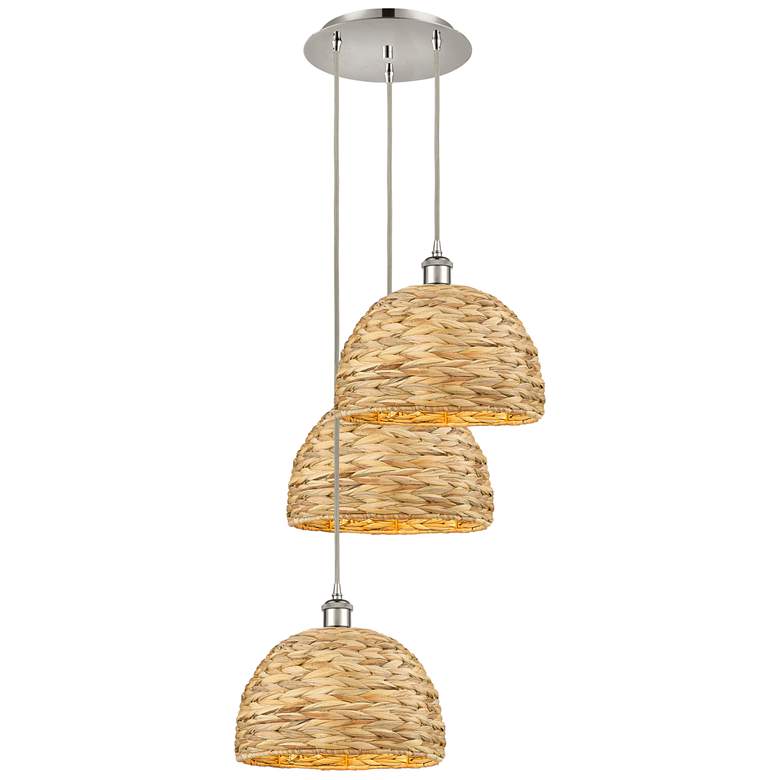 Image 1 Woven Rattan 18.5"W 3 Light Polished Nickel Corded Multi Pendant