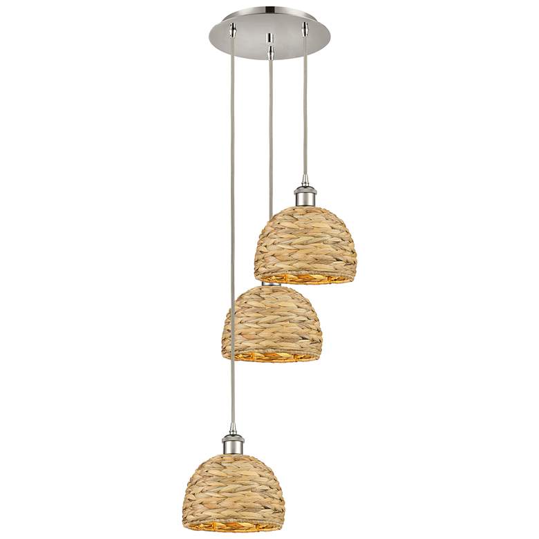 Image 1 Woven Rattan 18.5"W 3 Light Polished Nickel Corded Multi Pendant