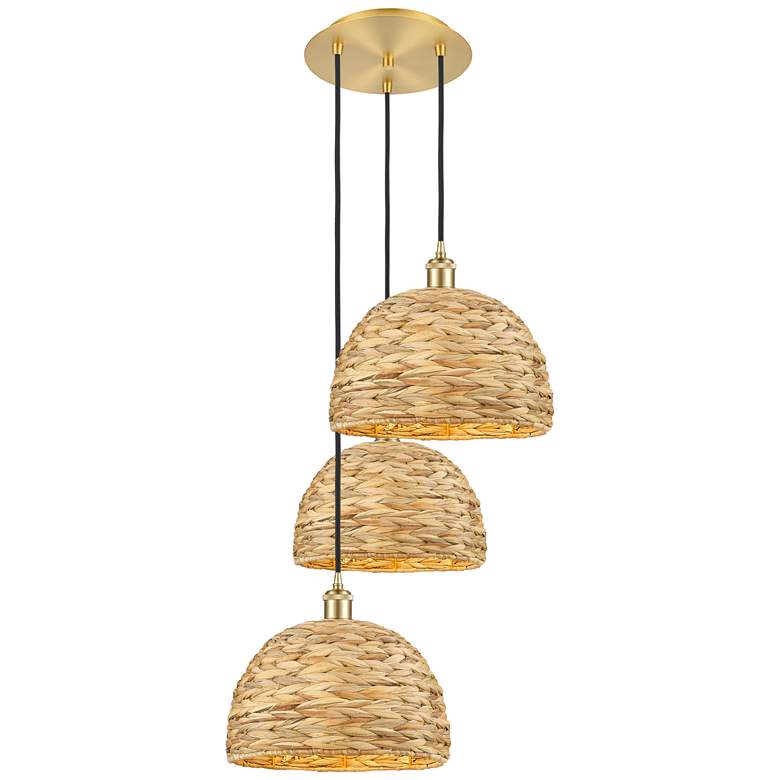 Image 1 Woven Rattan 18.5"W 3 Light Satin Gold Corded Multi Pendant