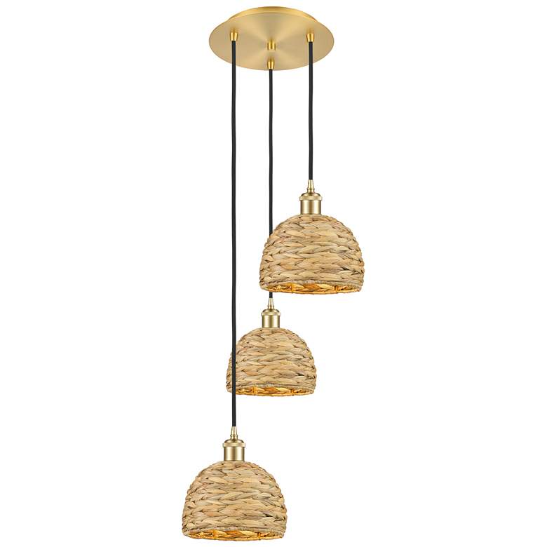 Image 1 Woven Rattan 18.5"W 3 Light Satin Gold Corded Multi Pendant
