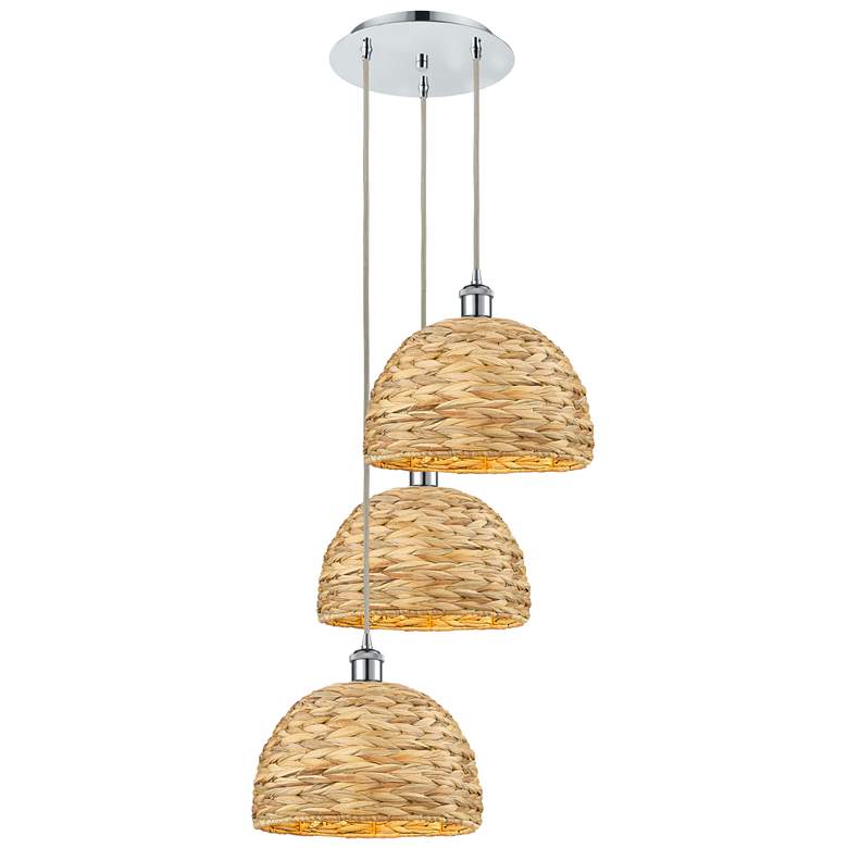 Image 1 Woven Rattan 18 1/2"W Polished Chrome Multi-Light Pendant