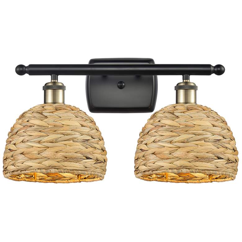 Image 1 Woven Rattan 18 inchW 2 Light Black Antique Brass Bath Light With Natural 