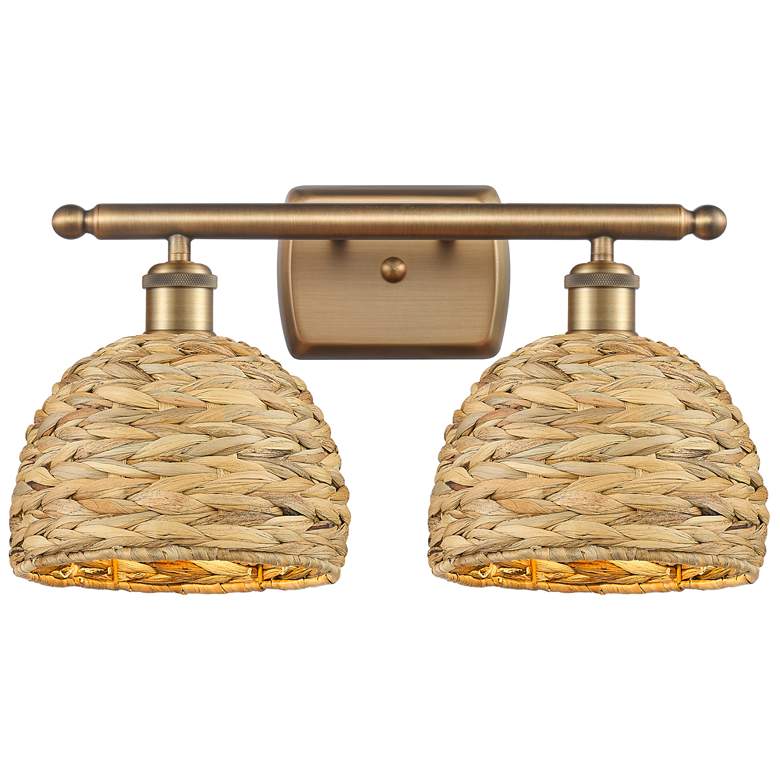 Image 1 Woven Rattan 18 inchW 2 Light Brushed Brass Bath Light With Natural Shade