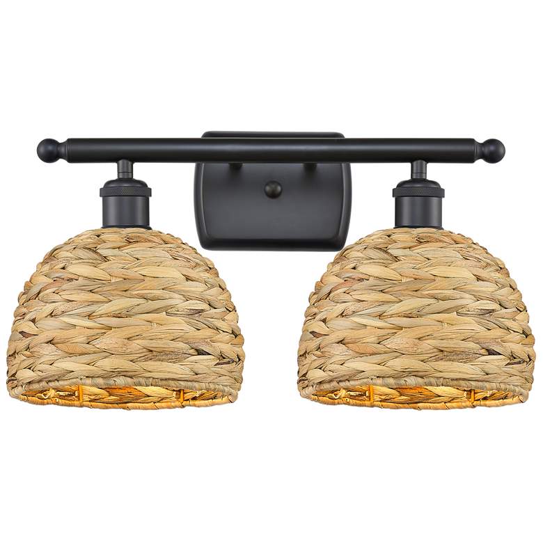 Image 1 Woven Rattan 18"W 2 Light Matte Black Bath Vanity Light With Natural S