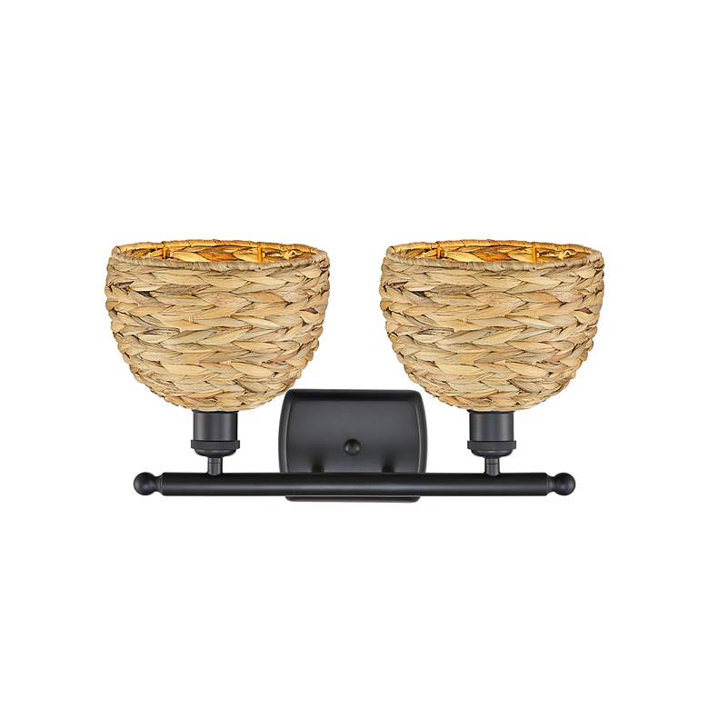 Image 2 Woven Rattan 18"W 2 Light Matte Black Bath Vanity Light With Natural S more views