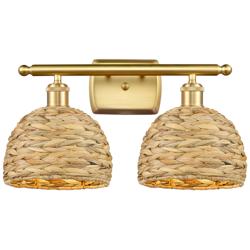 Woven Rattan 18&quot;W 2 Light Satin Gold Bath Vanity Light With Natural Sh