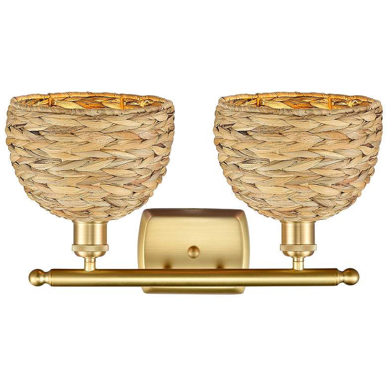 Image 2 Woven Rattan 18"W 2 Light Satin Gold Bath Vanity Light With Natural Sh more views