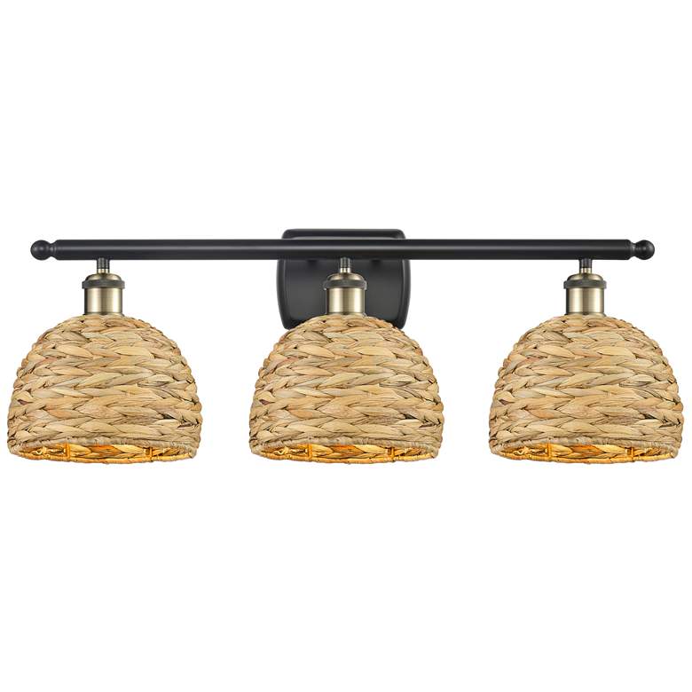 Image 1 Woven Rattan 28 inchW 3 Light Black Antique Brass Bath Light With Natural 