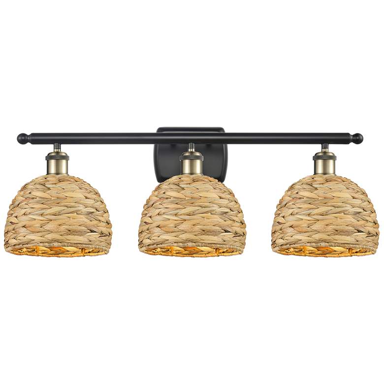 Image 1 Woven Rattan 28"W 3 Light Black Antique Brass Bath Light With Natural