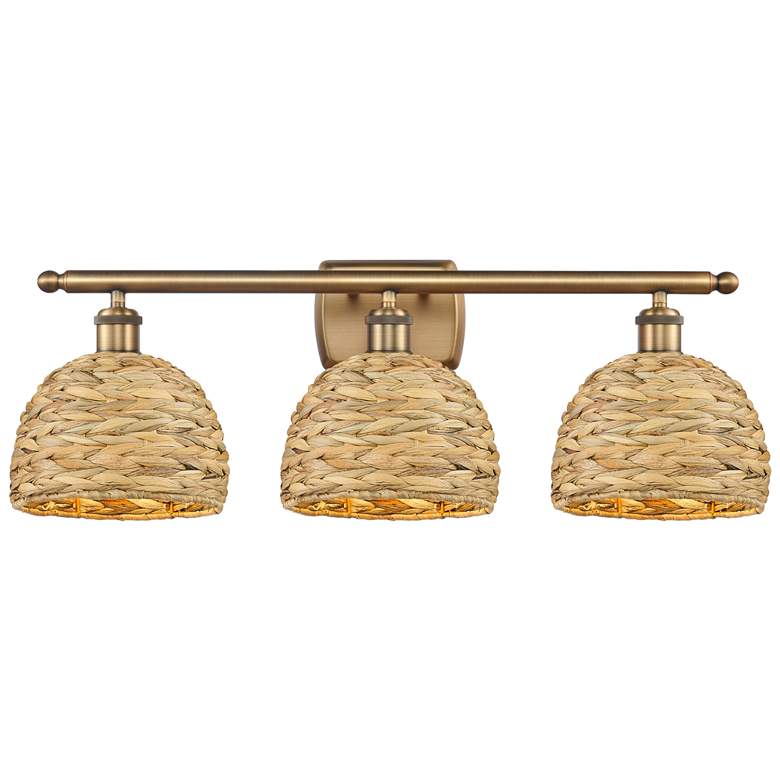 Image 1 Woven Rattan 28 inchW 3 Light Brushed Brass Bath Light With Natural Shade