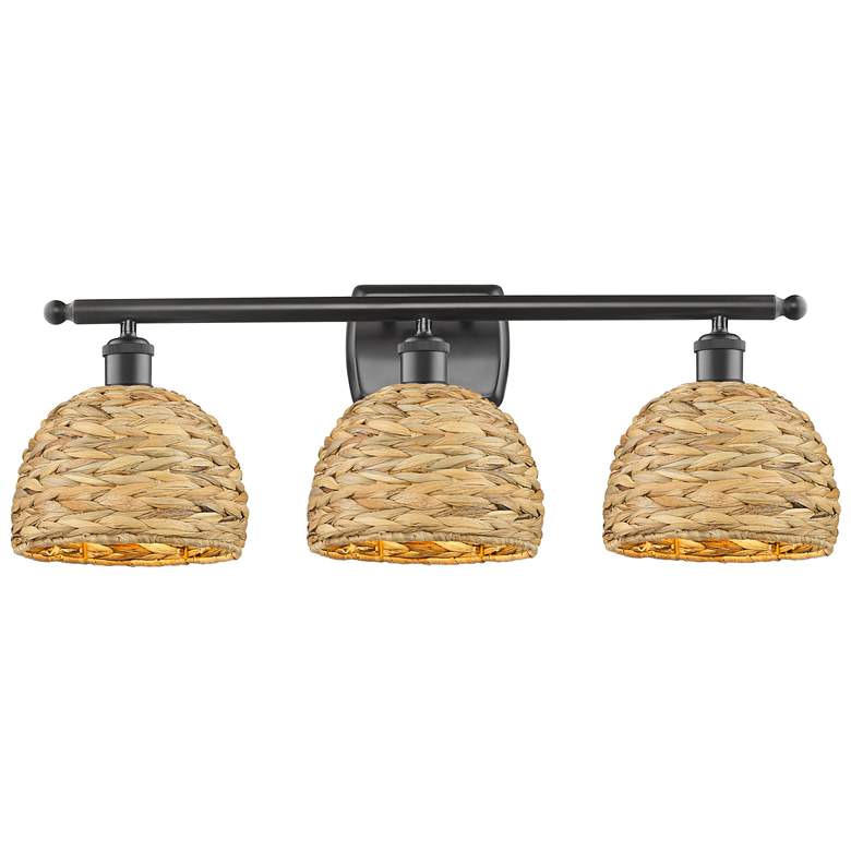 Image 1 Woven Rattan 28 inchW 3 Light Oil Rubbed Bronze Bath Light With Natural Sh