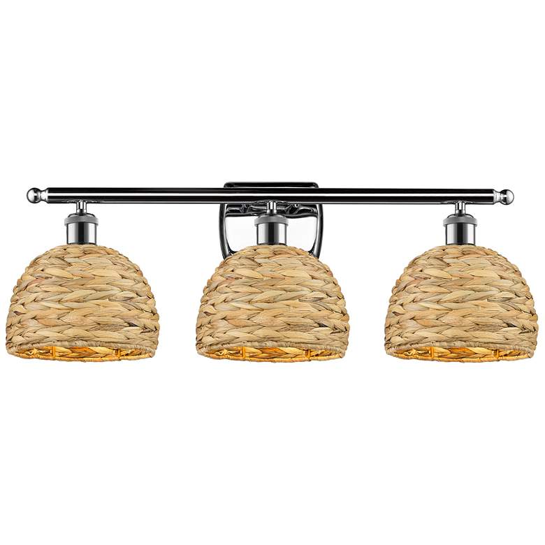Image 1 Woven Rattan 28 inchW 3 Light Polished Chrome Bath Light With Natural Shad