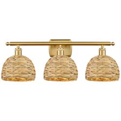 Woven Rattan 28&quot;W 3 Light Satin Gold Bath Vanity Light With Natural Sh