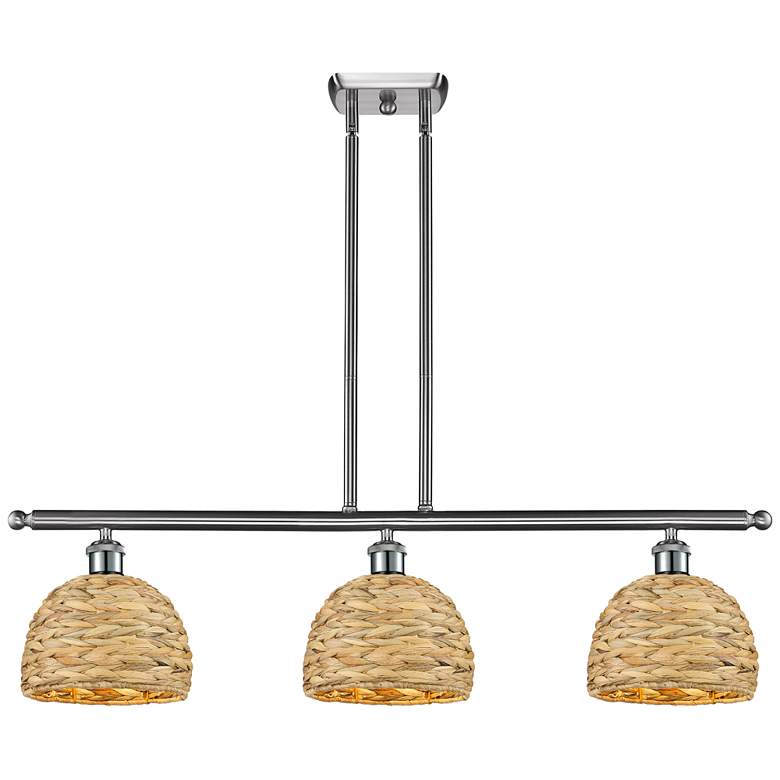 Image 1 Woven Rattan 36" Wide Satin Nickel 3-Light Linear Pendant