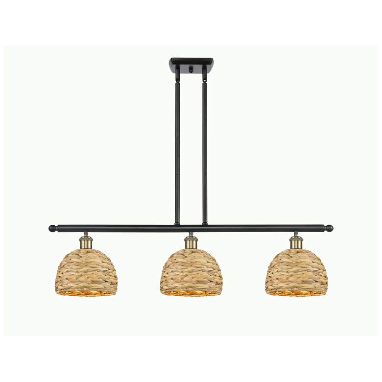 Image 1 Woven Rattan 36"W 3 Light Black Brass Stem Island Light w/ Natural Sha