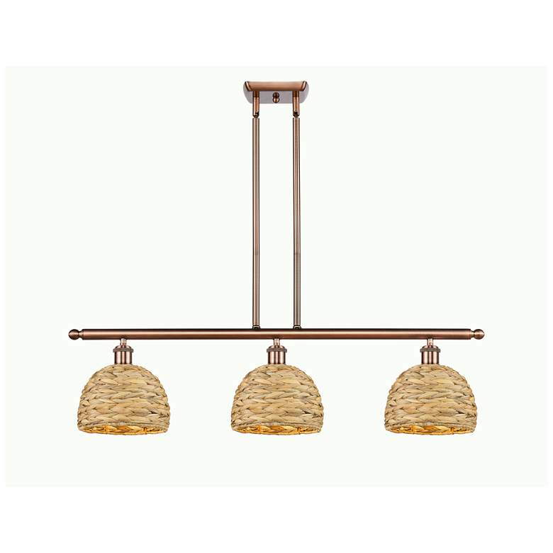 Image 1 Woven Rattan 36 inchW 3 Light Copper Stem Hung Island Light With Natural S