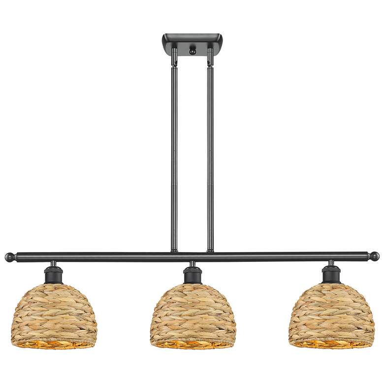 Image 1 Woven Rattan 36"W 3 Light Matte Black Stem Island Light w/ Natural Sha