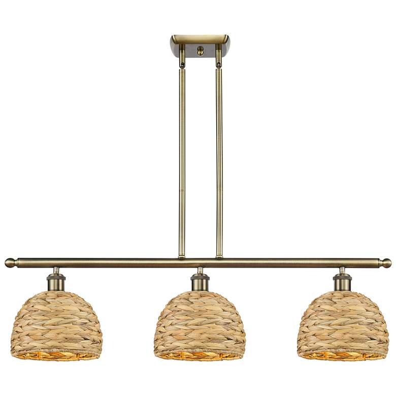 Image 1 Woven Rattan 36"W 3 Light Satin Gold Stem Island Light w/ Natural Shad
