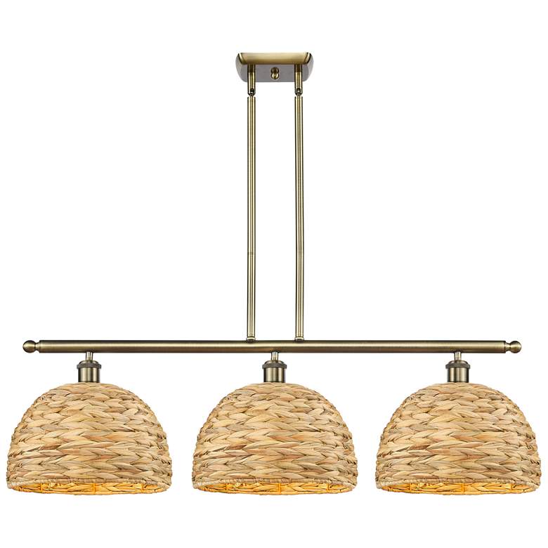 Image 1 Woven Rattan 38"W 3 Light Antique Brass Stem Pendant w/ Natural Shade