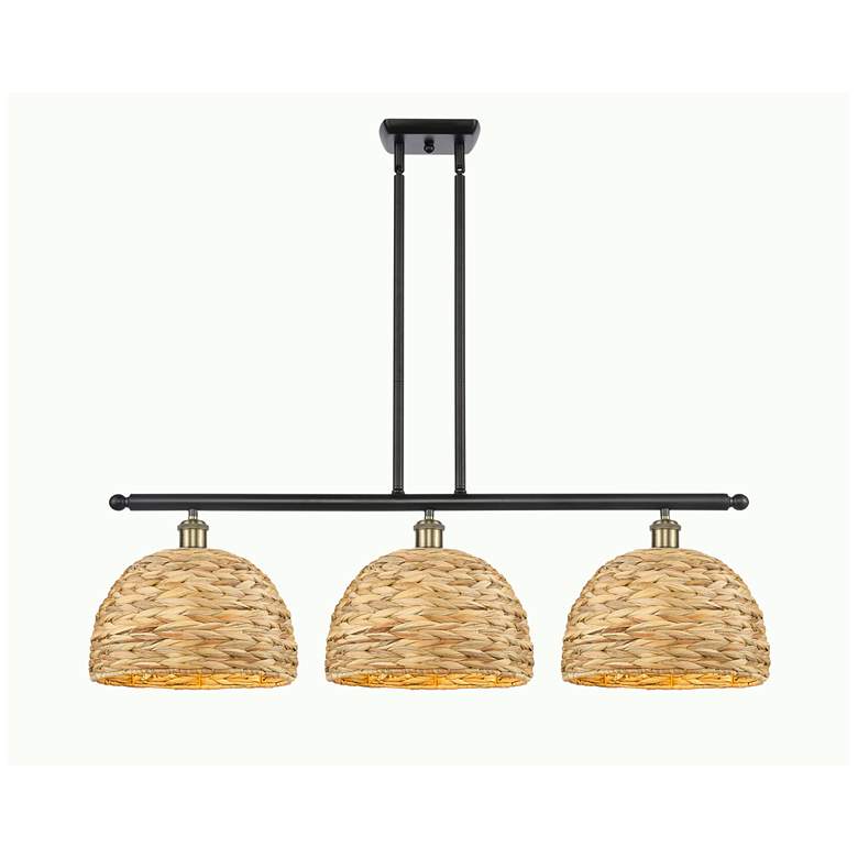 Image 1 Woven Rattan 38"W 3 Light Black Brass Stem Island Pendant w/ Natural S
