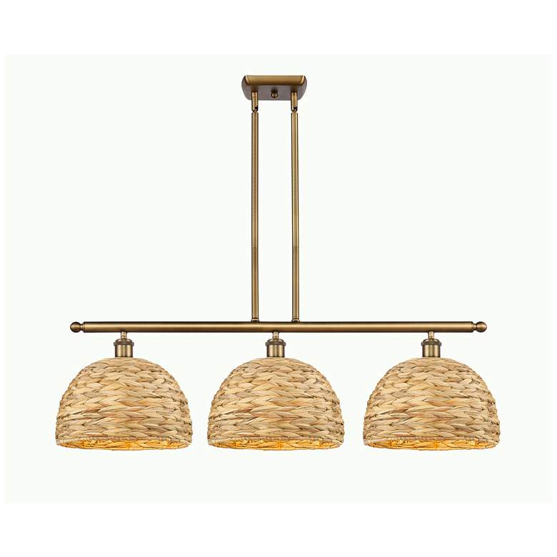 Image 1 Woven Rattan 38"W 3 Light Brushed Brass Stem Pendant w/ Natural Shade