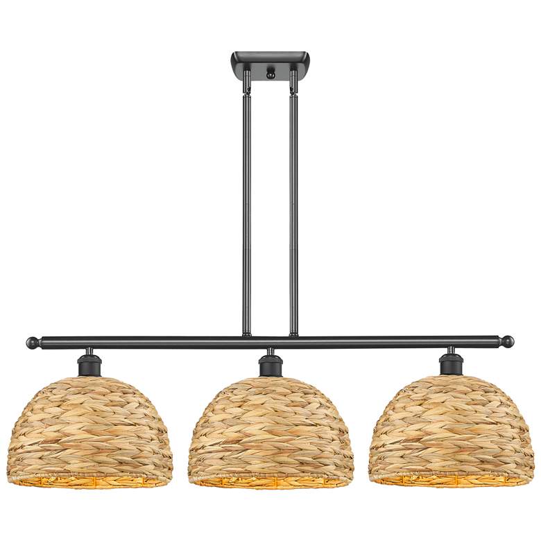 Image 1 Woven Rattan 38"W 3 Light Matte Black Stem Island Pendant w/ Natural S