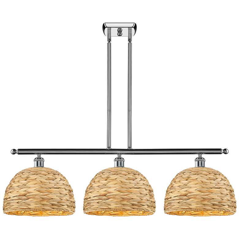 Image 1 Woven Rattan 38"W 3 Light Polished Chrome Stem Pendant w/ Natural Shad