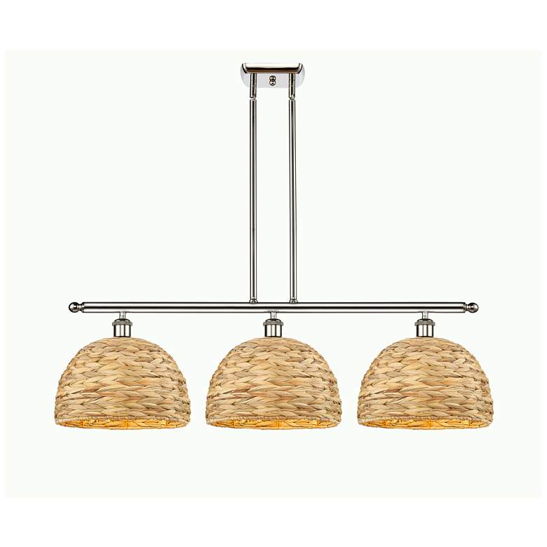Image 1 Woven Rattan 38"W 3 Light Polished Nickel Stem Pendant w/ Natural Shad
