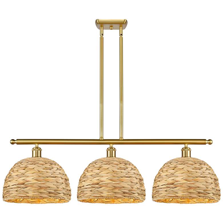 Image 1 Woven Rattan 38"W 3 Light Satin Gold Stem Island Pendant w/ Natural Sh