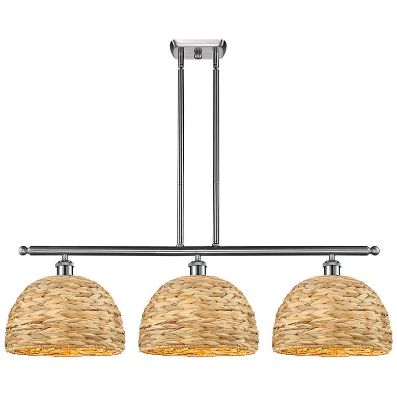Image 1 Woven Rattan 38"W 3 Light Satin Nickel Stem Island Pendant w/ Natural