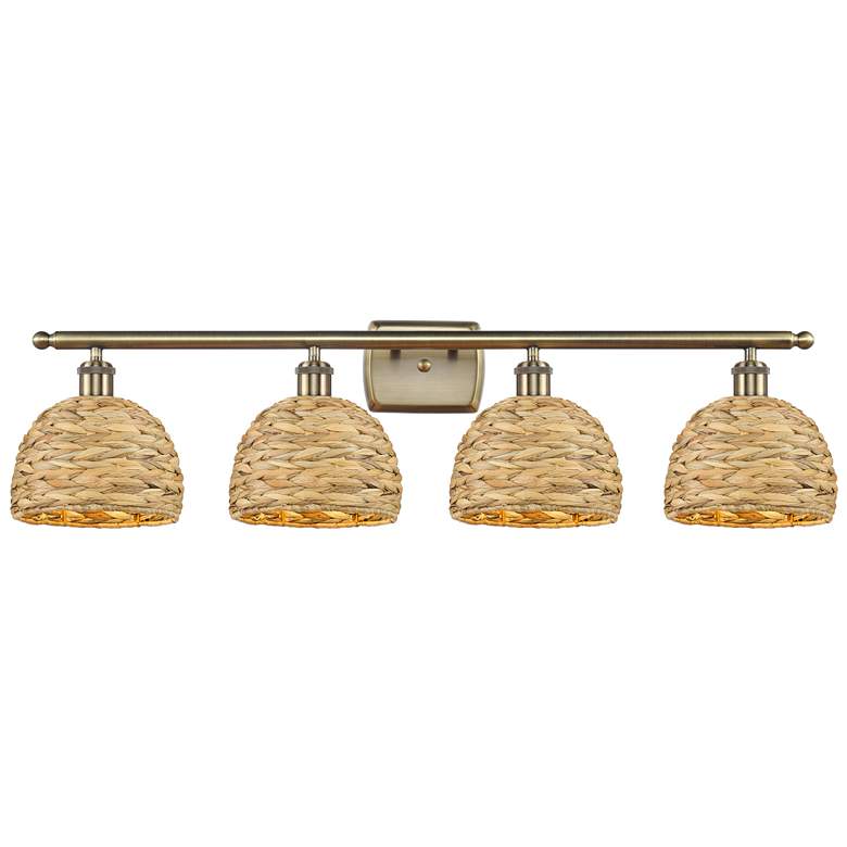 Image 1 Woven Rattan 38"W 4 Light Antique Brass Bath Light With Natural Shade