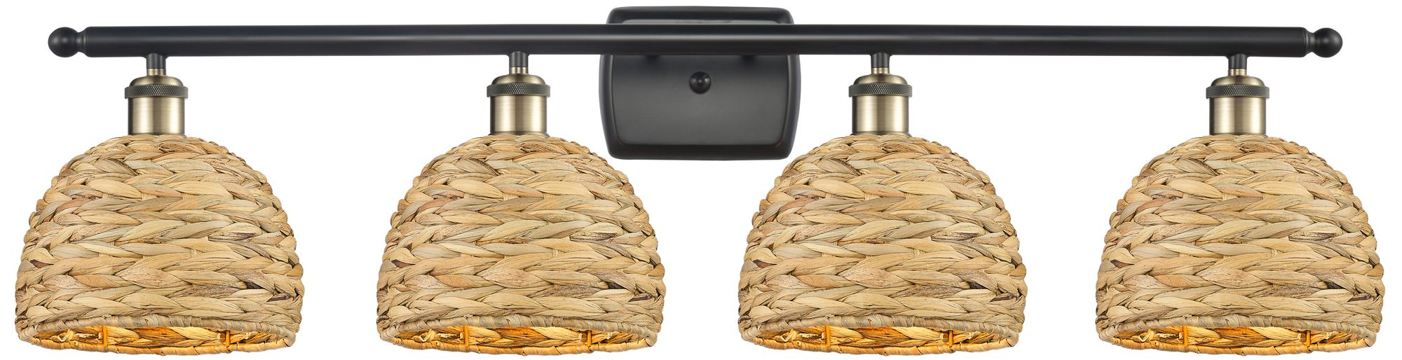 Woven Rattan 38"W 4 Light Black Antique Brass Bath Light With Natural