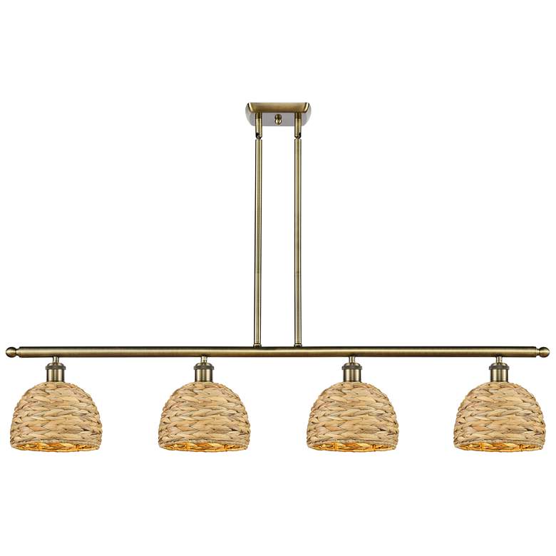 Image 1 Woven Rattan 48"W 4 Light Antique Brass Stem Island Light w/ Natural S