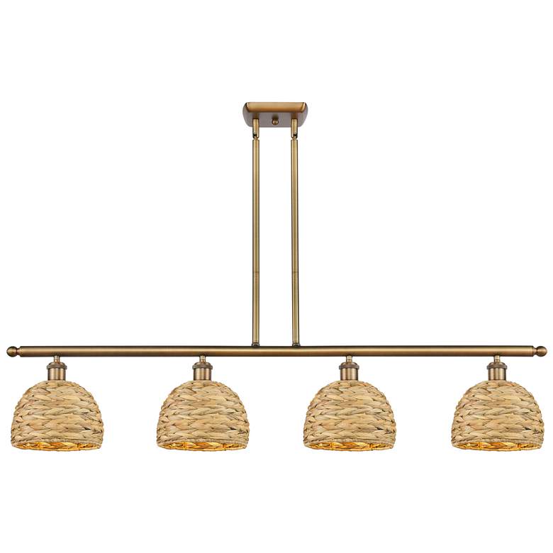 Image 1 Woven Rattan 48"W 4 Light Brushed Brass Stem Island Light w/ Natural S