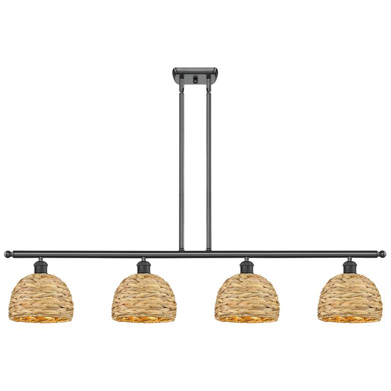 Image 1 Woven Rattan 48"W 4 Light Matte Black Stem Island Light w/ Natural Sha