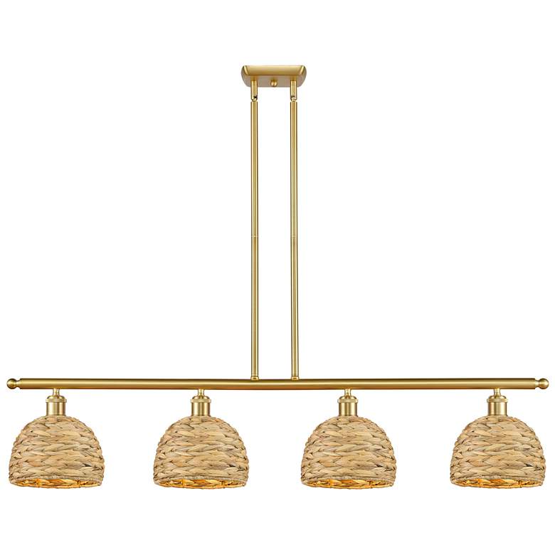 Image 1 Woven Rattan 48"W 4 Light Satin Gold Stem Island Light w/ Natural Shad