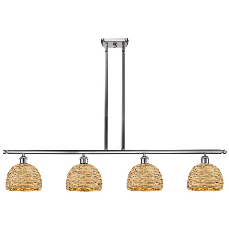 Image 1 Woven Rattan 48"W 4 Light Satin Nickel Stem Island Light w/ Natural Sh