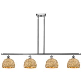 Woven Rattan 48"W 4 Light Satin Nickel Stem Island Light w/ Natural Sh Woven Rattan 48"W 4 Light Satin Nickel Stem Island Light w/ Natural Sh